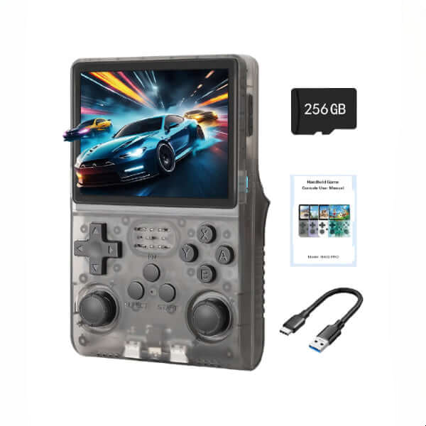 ForKumi portable retro handheld console with dual joysticks 256GB card and USB charging cable