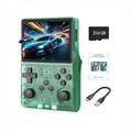 ForKumi portable retro handheld console in green with game display, 256GB memory card, manual, and USB cable