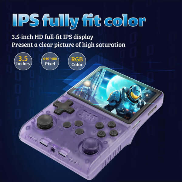 ForKumi portable retro handheld console in purple with screen, 256GB memory card, game guide, and USB cable