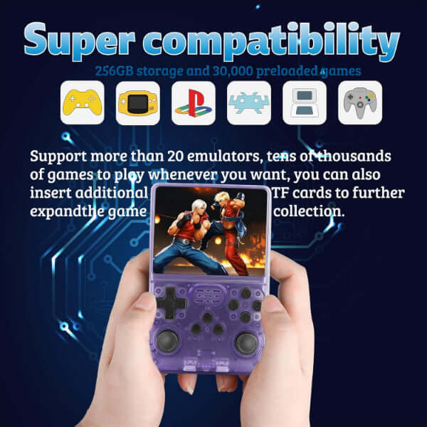 ForKumi portable retro handheld console showing a fighting game on screen with super compatibility and 256GB storage