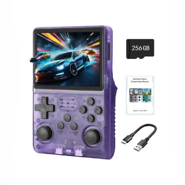 ForKumi portable retro handheld console in purple with screen, 256GB memory card, game guide, and USB cable