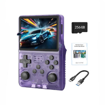 ForKumi portable retro handheld console in purple with screen, 256GB memory card, game guide, and USB cable