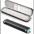 Portable thermal printer in black with teal accents and protective carrying case for printing on the go