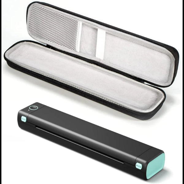 Portable thermal printer with black and teal design and protective carrying case for easy transport