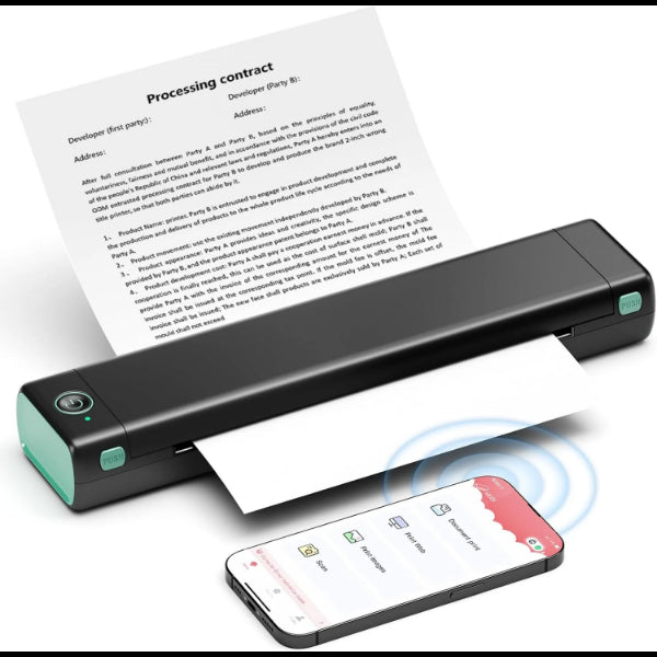 My Store portable thermal printer printing contract paper with smartphone wireless connection