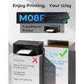 My Store M08F portable thermal printer showing compact size and inkless printing benefits compared to traditional bulky printers