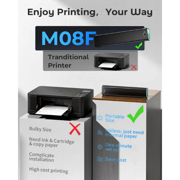 My Store M08F portable thermal printer showing compact size and inkless printing benefits compared to traditional bulky printers