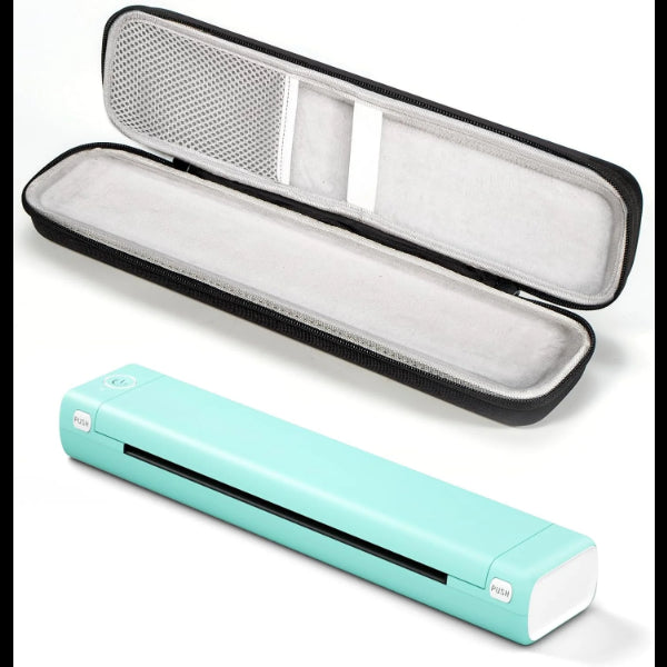 My Store portable thermal printer in mint green with protective carrying case for printing on the go