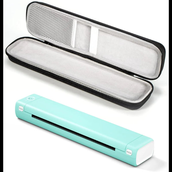 Portable thermal printer in teal color with protective black carrying case for easy transport