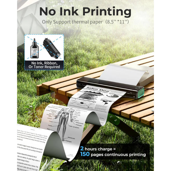 My Store portable thermal printer printing medical and text documents on thermal paper outdoors