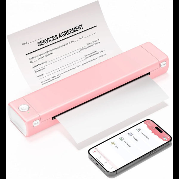 Pink portable thermal printer printing a services agreement document next to a smartphone