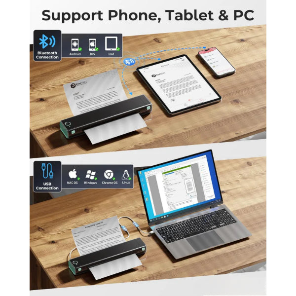 Portable thermal printer from My Store printing documents from phone tablet and laptop via Bluetooth and USB connections