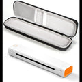 White portable thermal printer with orange accents and a black protective carrying case