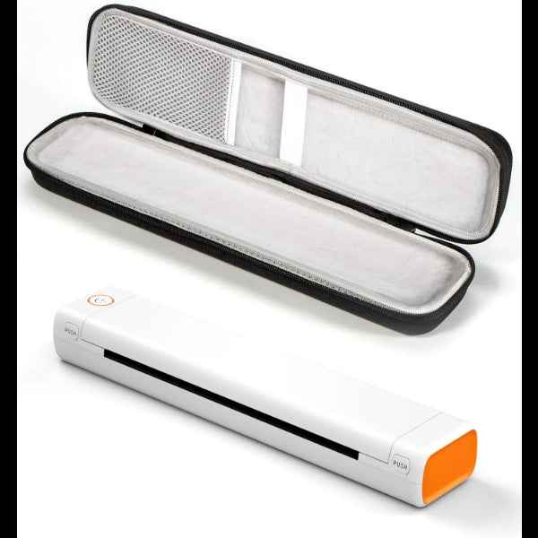 White portable thermal printer with orange accents and a black protective carrying case
