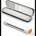 Portable thermal printer with white and orange design and protective black carrying case