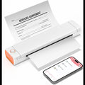 My Store portable thermal printer printing a services agreement sheet next to a smartphone