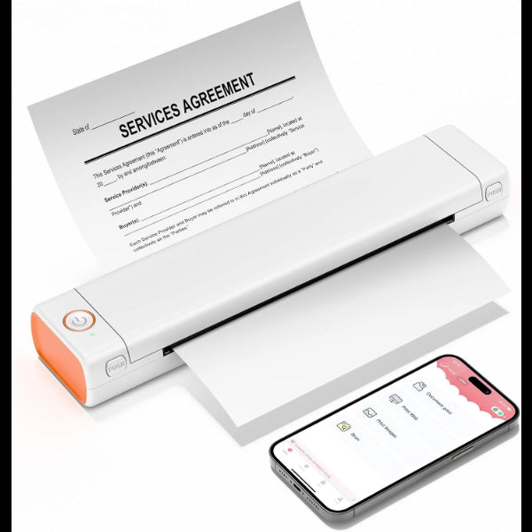 My Store portable thermal printer printing a services agreement sheet next to a smartphone