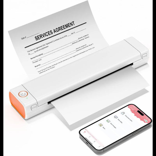 My Store portable thermal printer printing a services agreement paper next to a smartphone