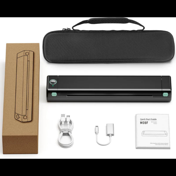 My Store portable thermal printer with carrying case, USB cables, adapter, and quick start guide