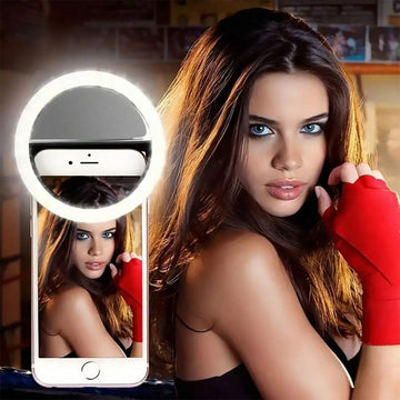 ForKumi pro selfie ring light attached to smartphone illuminating woman's face for perfect photos