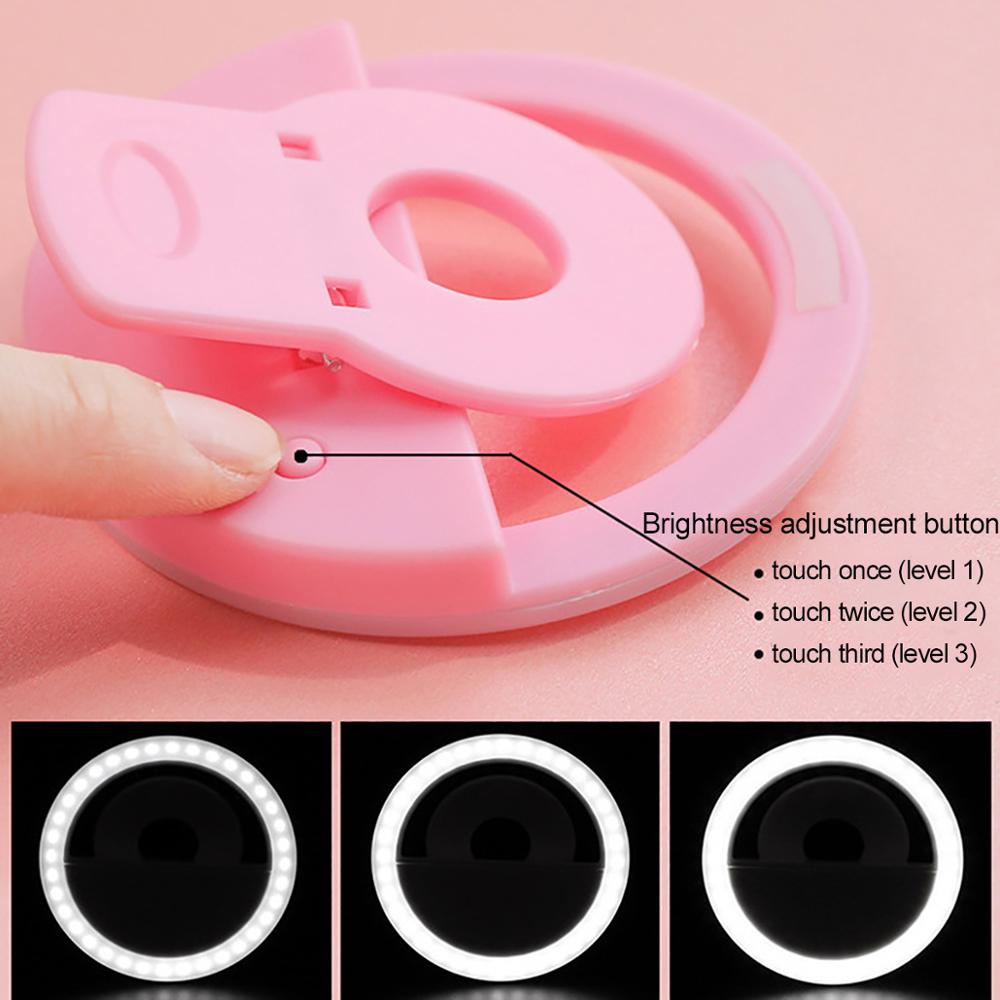 ForKumi pro selfie ring light in pink with adjustable brightness levels and clip-on design