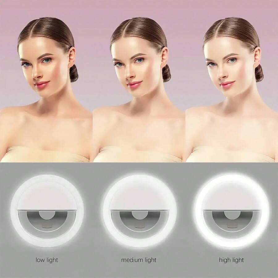 ForKumi pro selfie ring light showing low medium and high light settings for flattering portrait lighting