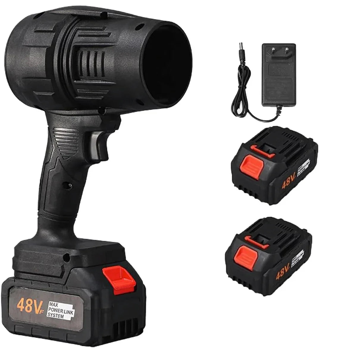 ForKumi cordless blower vacuum with batteries showing black blower and two 48V rechargeable batteries with charger