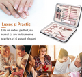 ForKumi professional manicure pedicure kit with pink tools in a silver case and well-groomed hands