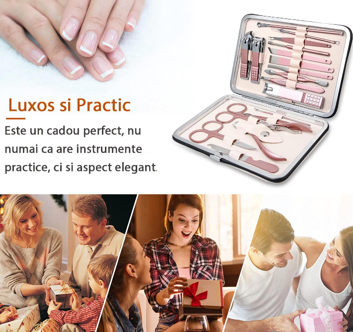 ForKumi professional manicure pedicure kit with pink tools in a silver case and well-groomed hands