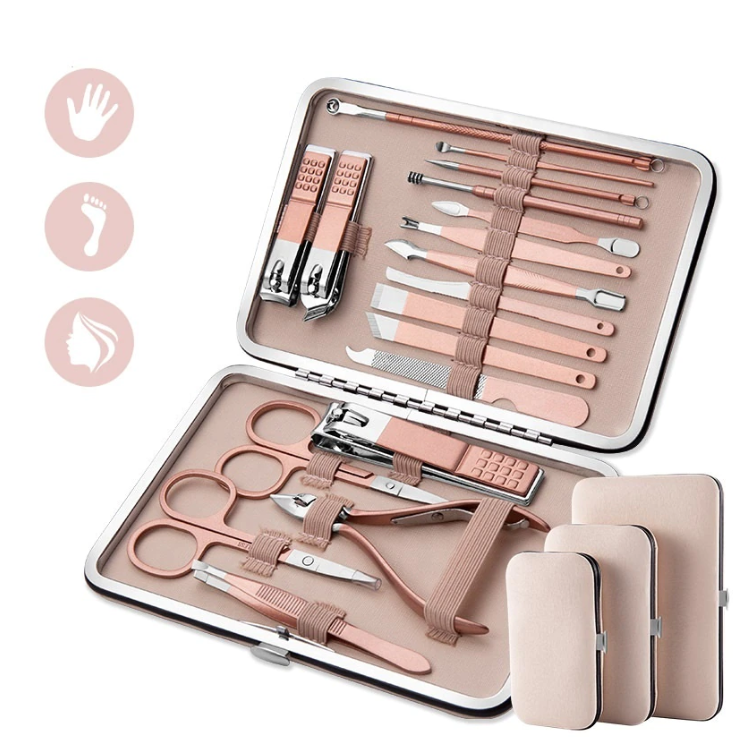ForKumi professional manicure pedicure kit with rose gold tools in a pink travel case