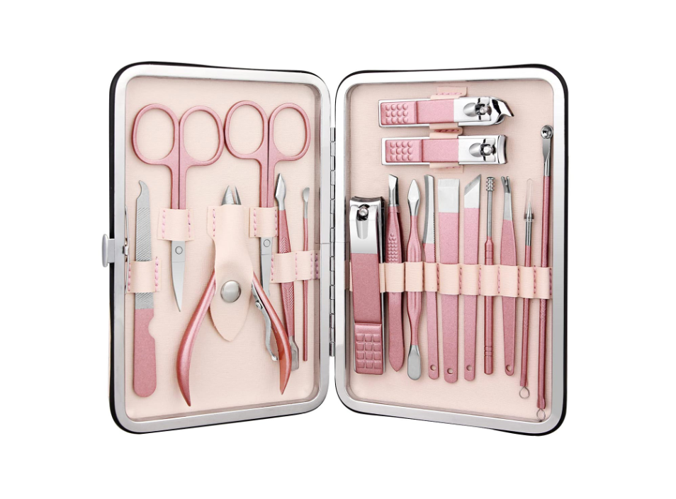 ForKumi professional manicure pedicure kit with pink stainless steel tools in a compact case