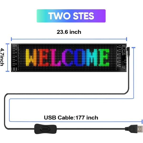 ForKumi programmable LED car sign displaying colorful welcome message with USB cable