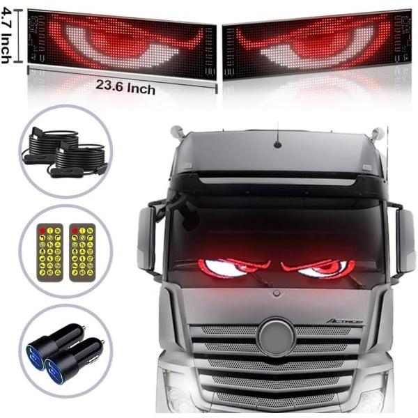 ForKumi programmable LED car sign with red eye design, remote controls, USB cables, and smartphone app for trucks