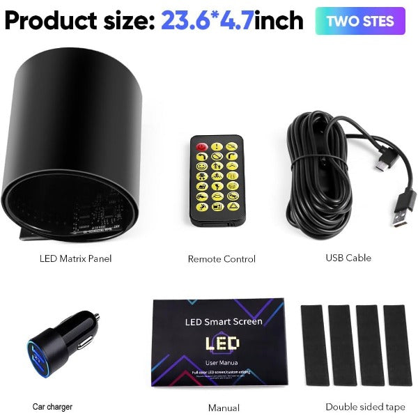 ForKumi programmable LED car sign with LED matrix panel, remote control, USB cable, car charger, manual, and double sided tape