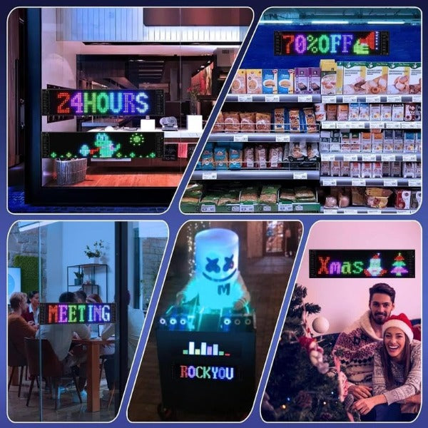 ForKumi programmable LED car sign displaying colorful messages like 24 hours and 70 percent off in various settings