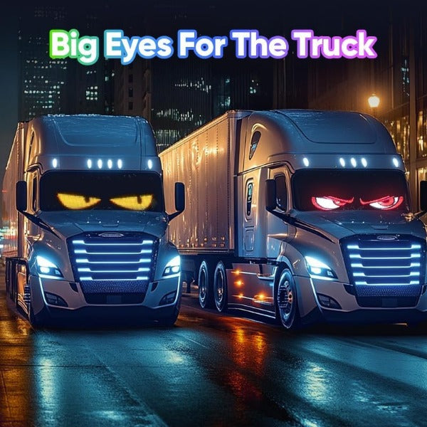 ForKumi programmable LED car sign displaying animated eyes on two large trucks at night