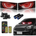 ForKumi programmable LED car sign displaying red eyes on black car with remote and USB cables