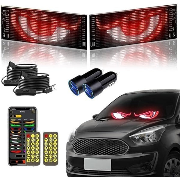 ForKumi programmable LED car sign displaying red eyes on black car with remote and USB cables