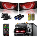 ForKumi programmable LED car sign with red angry eyes displayed on truck windshield and remote controls