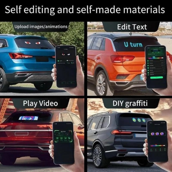 ForKumi programmable LED car sign showing customizable messages and animations on SUV rear windows