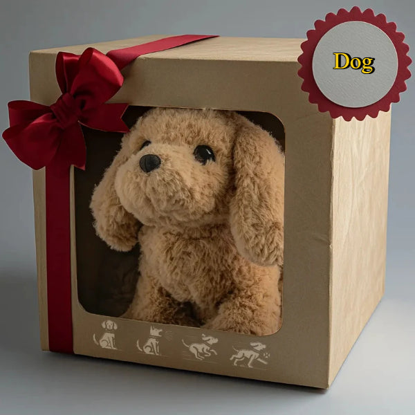 ForKumi realistic robotic puppy plush surrounded by pastel gift boxes and holiday decorations