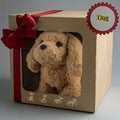 ForKumi realistic robotic puppy plush in brown inside gift box with red ribbon and bow