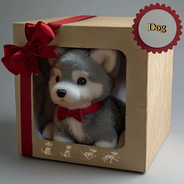 ForKumi realistic robotic puppy plush in gift box with red bow and bow tie inside packaging
