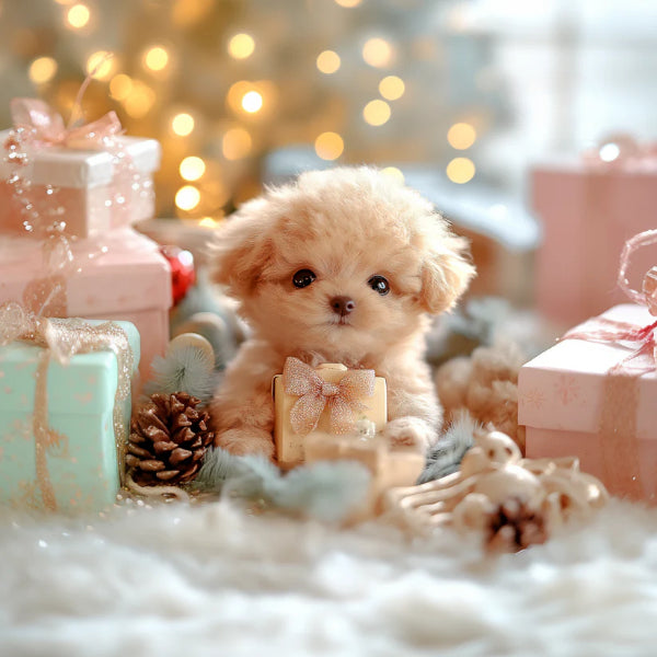 ForKumi realistic robotic puppy plush surrounded by pastel gift boxes and holiday decorations