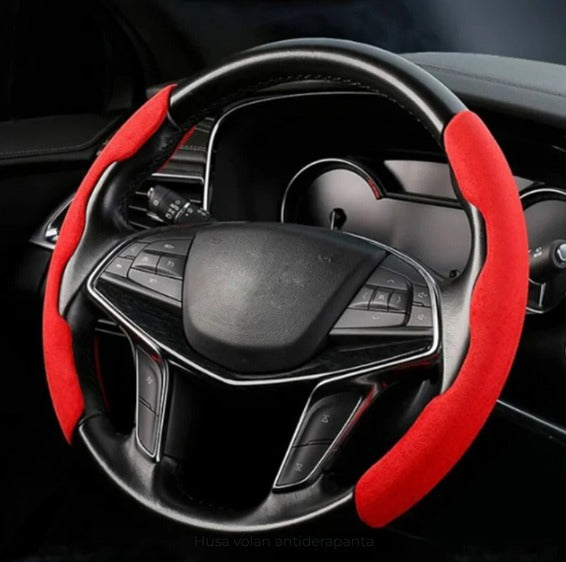 ForKumi red and black anti-slip steering wheel cover installed on a car steering wheel for improved grip