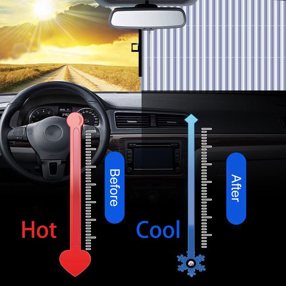 ForKumi retractable car sunshade showing temperature difference inside car before and after use for cooling