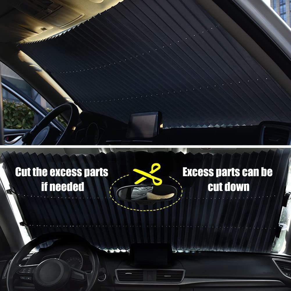 ForKumi retractable car sunshade installed inside car windshield with adjustable size feature