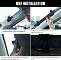 ForKumi retractable car sunshade installation steps showing fitting, suction cup pressing, and windshield coverage