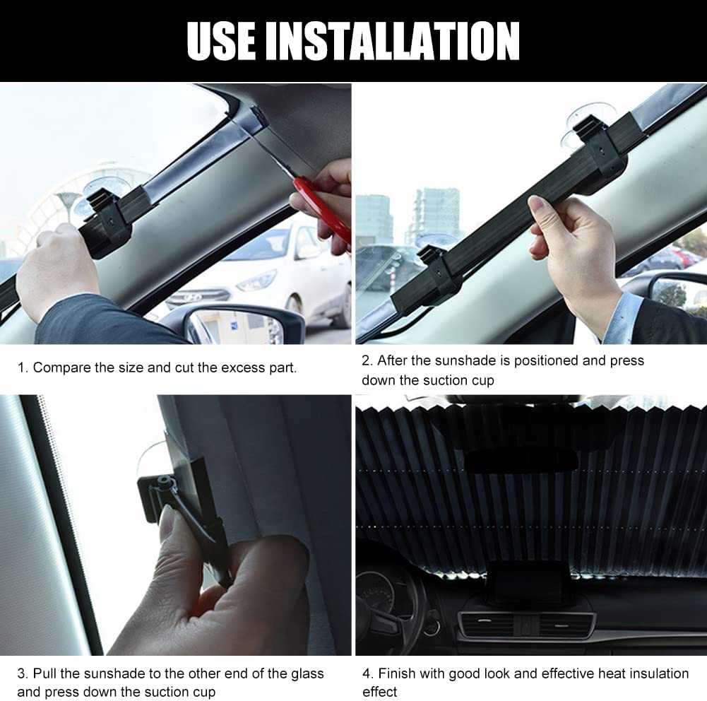 ForKumi retractable car sunshade installation steps showing fitting, suction cup pressing, and windshield coverage