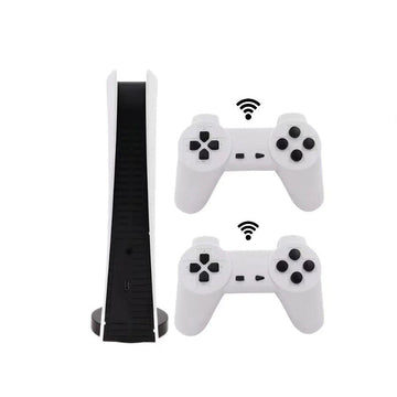 ForKumi retro game console bundle with sleek black console and two white wireless controllers